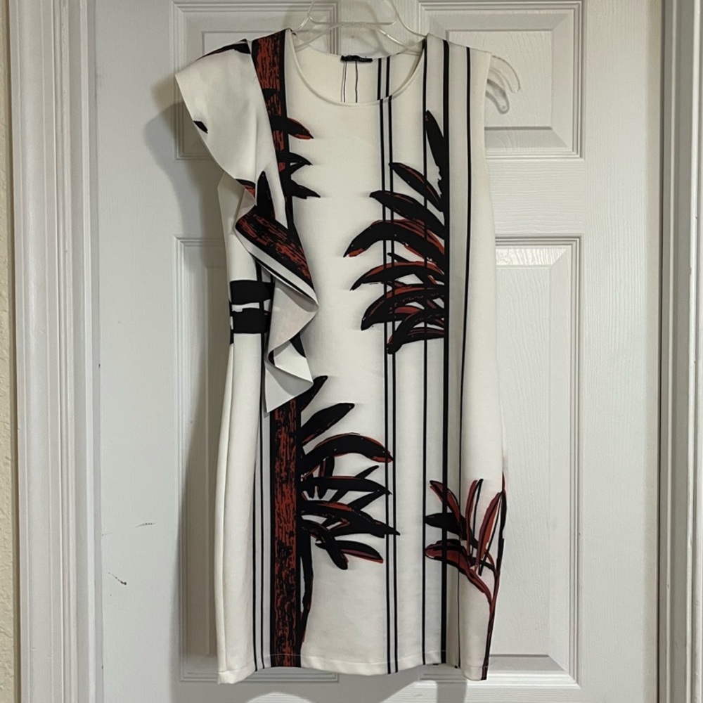 ZARA White and Black Palm Print Dress